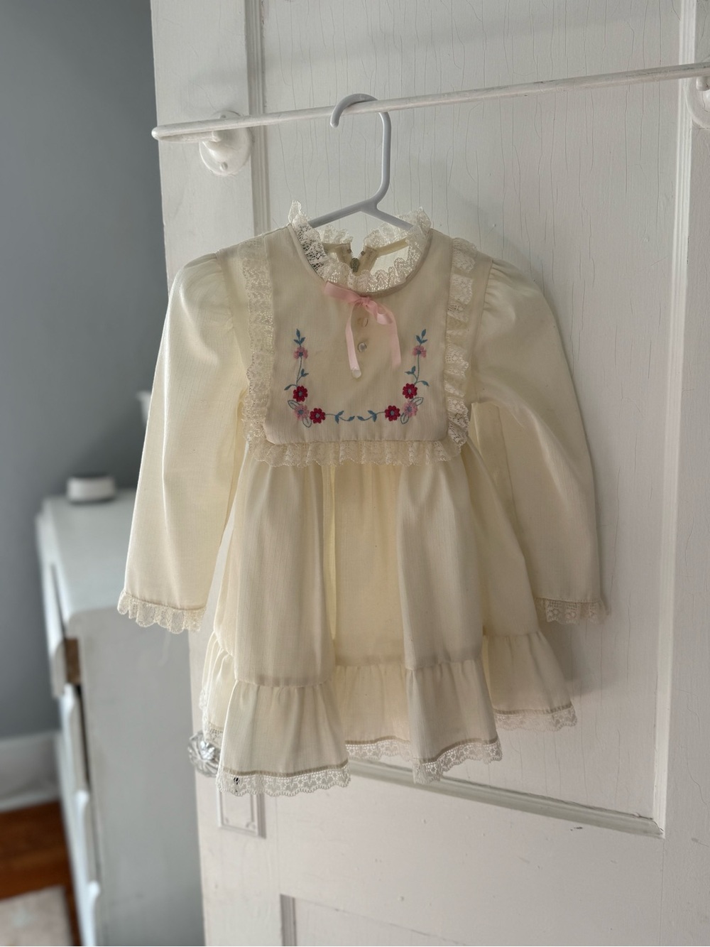 CottageCore Cream Long-Sleeve Embroidered Floral Girls' Dress with Pink Ribbon